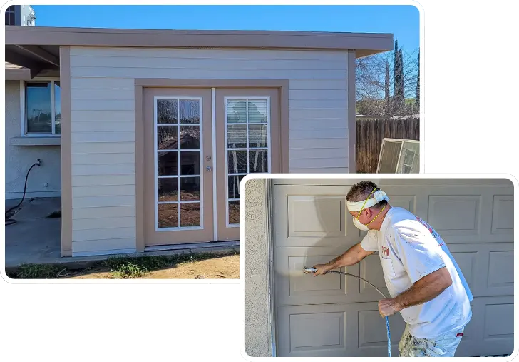 Collage of a painted outbuilding and a painter spraying a garage door